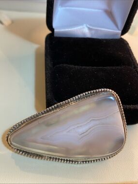 Vintage Sterling Silver Banded Agate Statement Brooch 21.6g